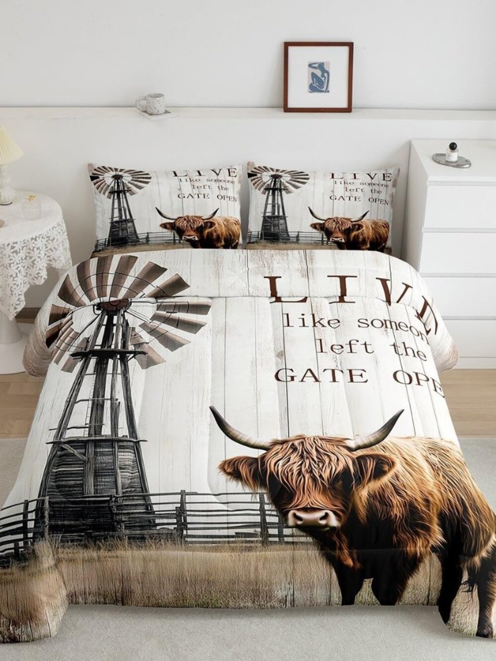 Highland Cow Comforter Set Garden Windmill Decor Farmhouse Bedding Set